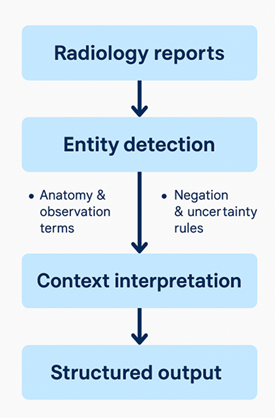 Flow chart showing the NLP flow for radiology reports. The flow is radiology reports -> entity detection -> context interpretation -> structured output.