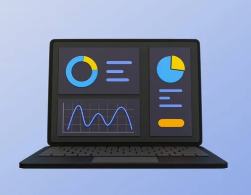 Graphic of a laptop with stylised analytics on the screen.