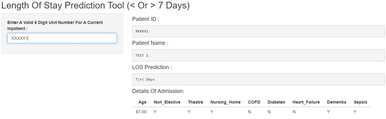 Screenshot of length of stay prediction tool input box with prediction of 7 or more days
