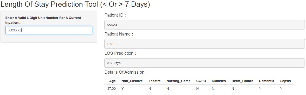 Screenshot of length of stay prediction tool input box with prediction less than 7